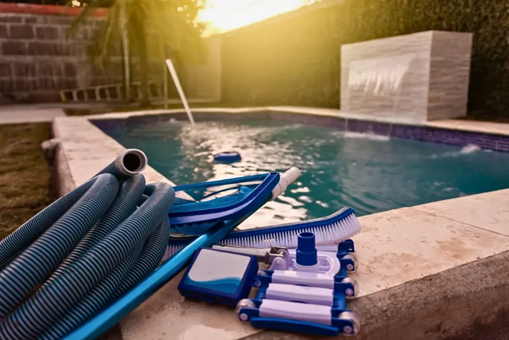 A set of pool cleaning tools placed near a fiberglass pool with a built-in hot tub at sunset.