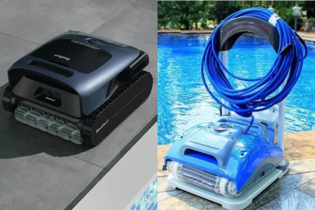 Comparison of two fiberglass pool vacuums: a sleek cordless black model on the poolside and a blue corded model with a cable reel beside a pool.