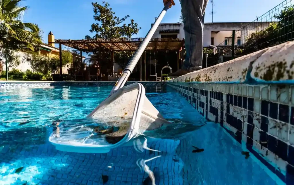 Person cleaning a fiberglass pool above ground with a leaf skimmer net