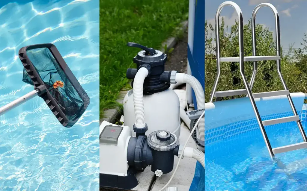 A pool vacuum, filter system, and pool ladder, essential tools for fiberglass pool maintenance.