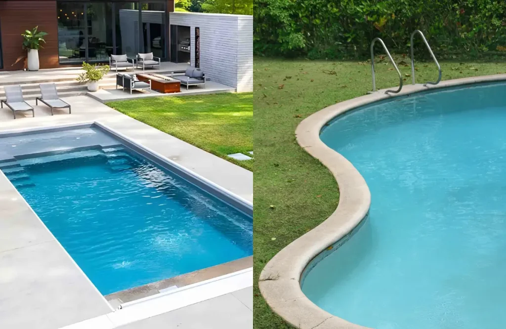 Fiberglass vs Concrete Pool comparison showcasing design, durability, and finish differences in backyard settings.