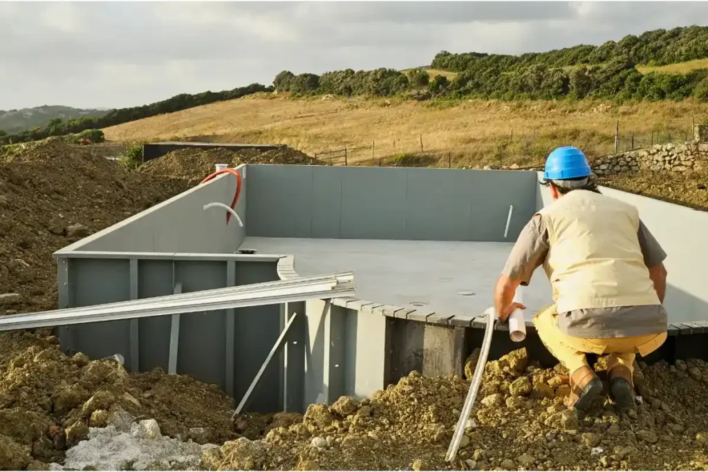 A construction worker inspecting a partially built fiberglass pool with hot tub in a rural setting.