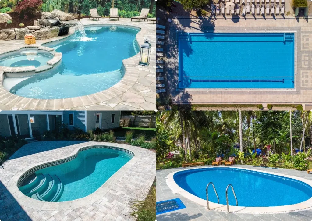 Collage of four pool designs, including a freeform pool with a spa and waterfall, a rectangular lap pool, a kidney-shaped pool with steps, and an oval-shaped pool surrounded by tropical greenery.