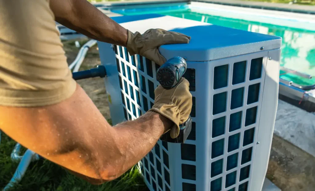 Technician using a power drill to install an above-ground pool heater electric unit near a swimming pool.