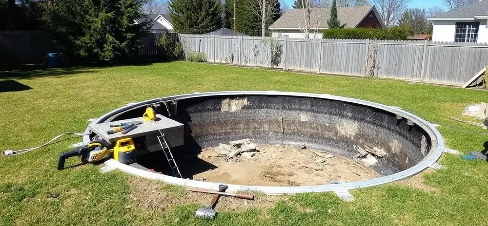 Partially dismantled above ground pool during the above ground pool removal cost process with tools and debris in a backyard.