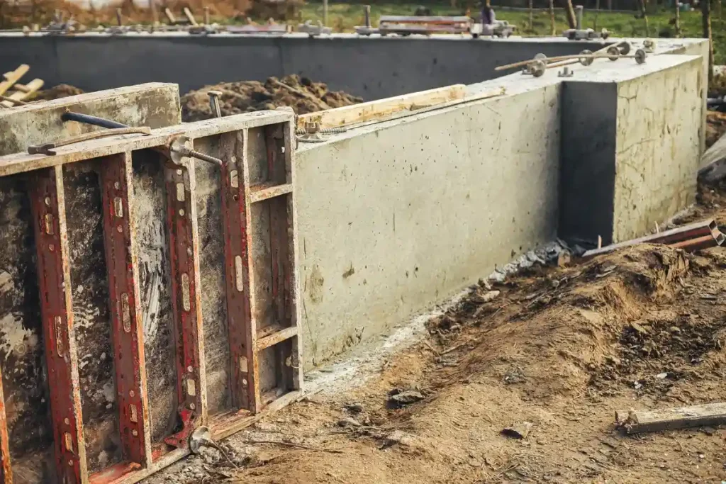 A concrete pool builder constructing the foundation with reinforced materials and metal supports.