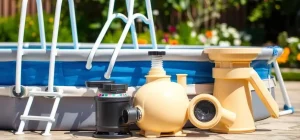 A collection of essential above ground pool parts, including a ladder and pump, placed near a studio pool.