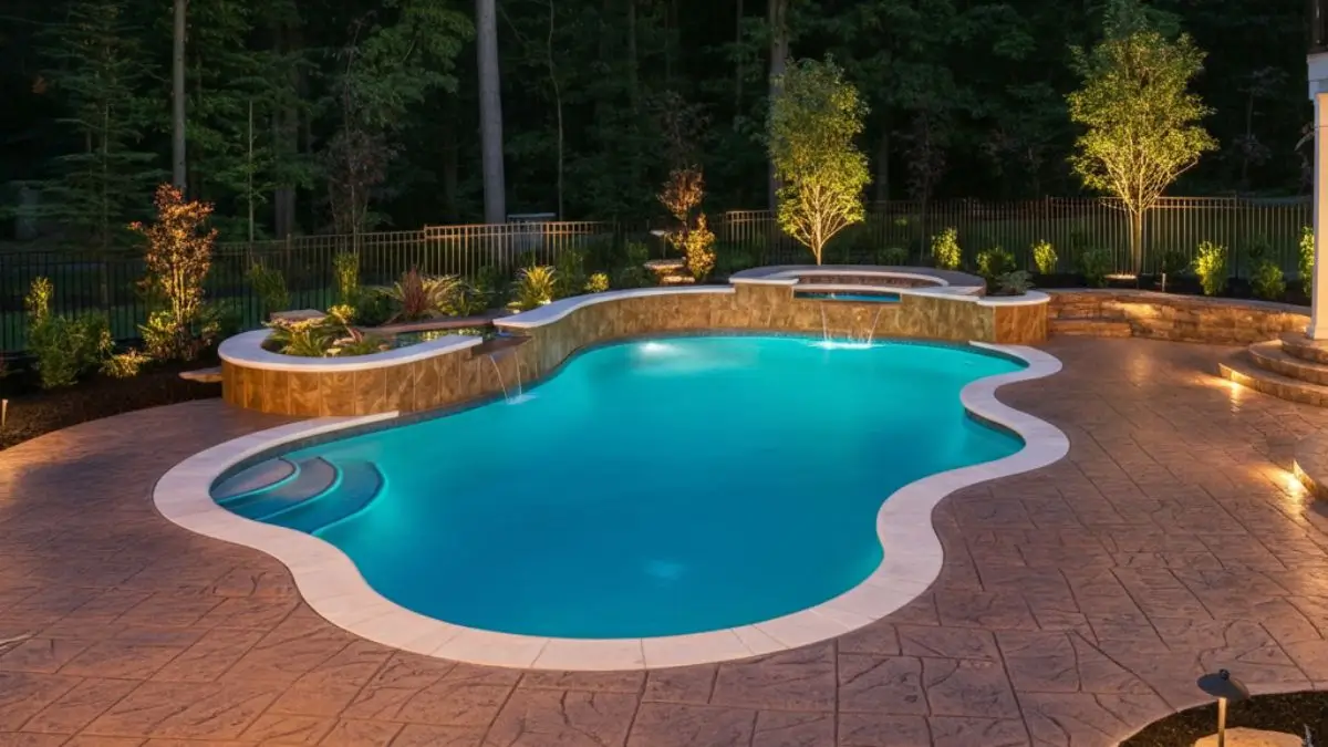 Fiberglass pool cost for a custom-designed pool with lighting and landscaping features.