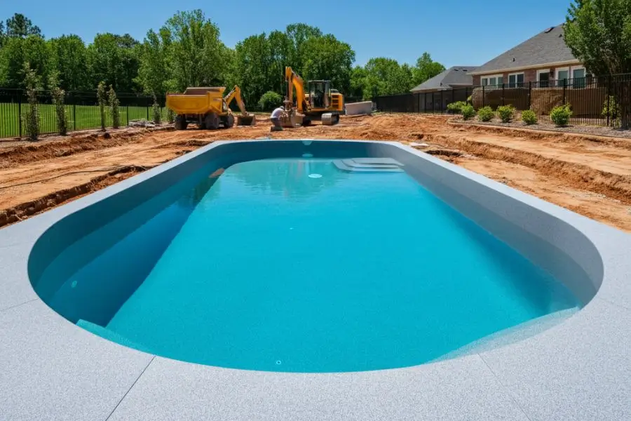 Fiberglass pool cost during installation, showing workers preparing the pool site and assembling the structure.