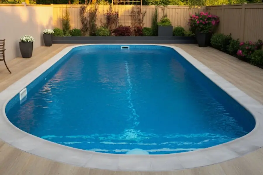 Fiberglass pool cost with fully installed pool, showing a beautifully designed backyard and crystal-clear water.