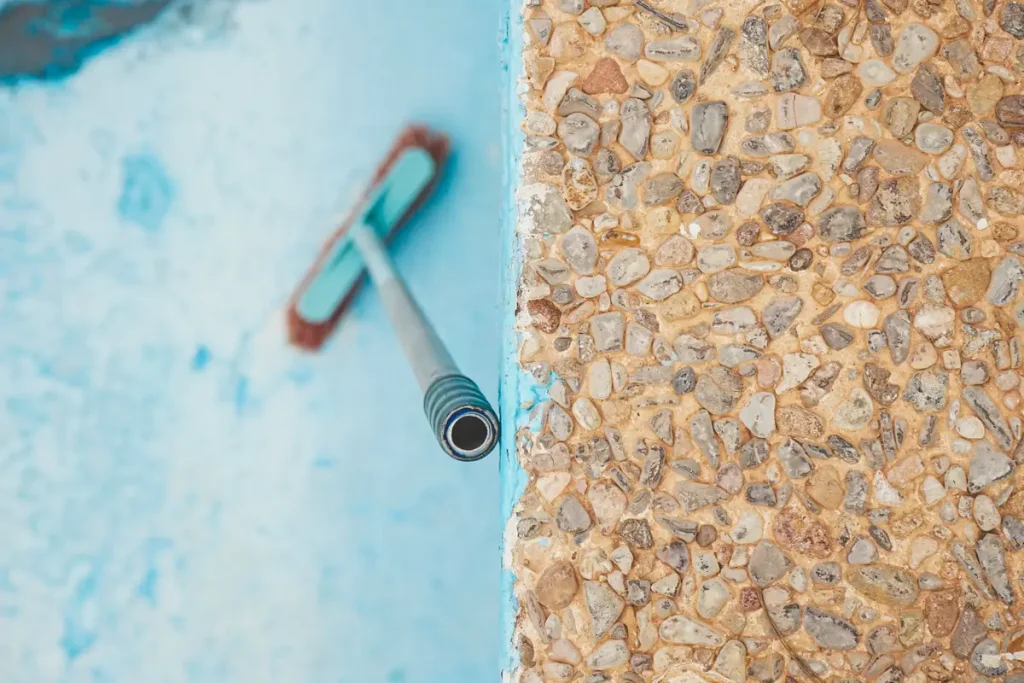 Concrete pool deck resurfacing in progress, with a cleaning brush positioned near the pool’s edge.