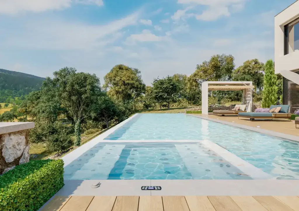 A luxurious infinity pool surrounded by greenery, highlighting how above-ground pool prices can suit various budgets.