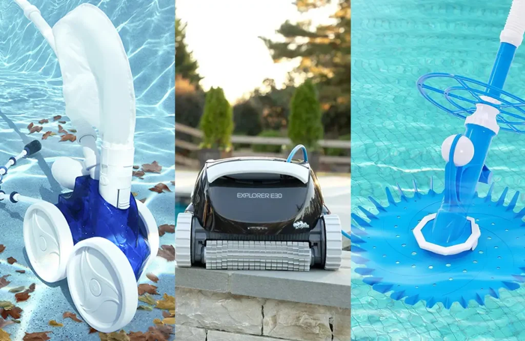 A comparison of three types of pool cleaning equipment: a wheeled suction cleaner, a robotic pool vacuum, and a disc-style cleaner.