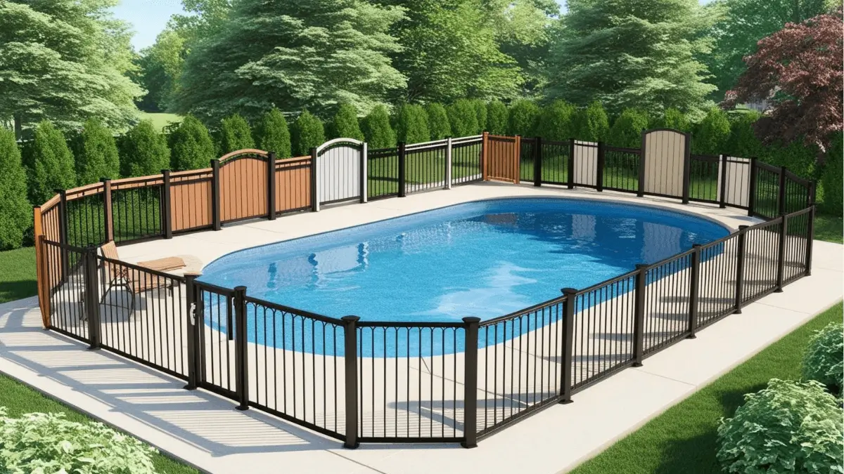 A sturdy and stylish above-ground pool fence providing safety and privacy.