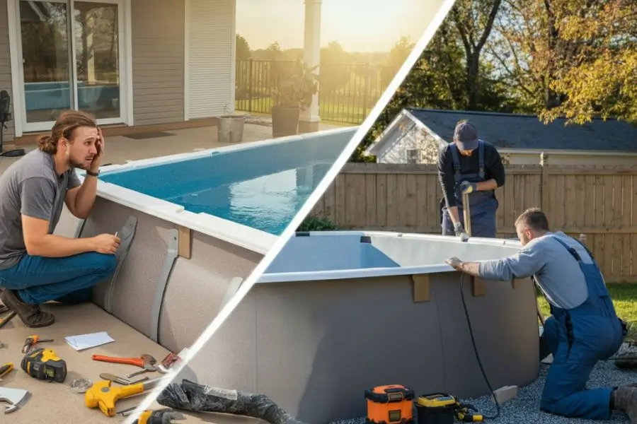 Fiberglass pool installation with workers assembling the pool frame and assessing the installation process, contributing to the overall fiberglass pool cost.