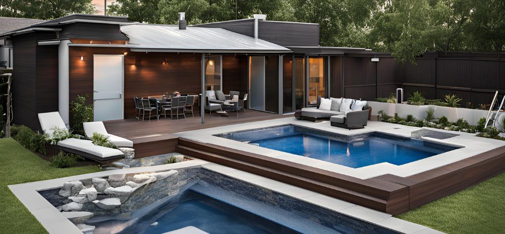 A modern backyard with a fiberglass pool, elevated spa, wooden deck, and outdoor seating area, showcasing fiberglass pool cost and design.