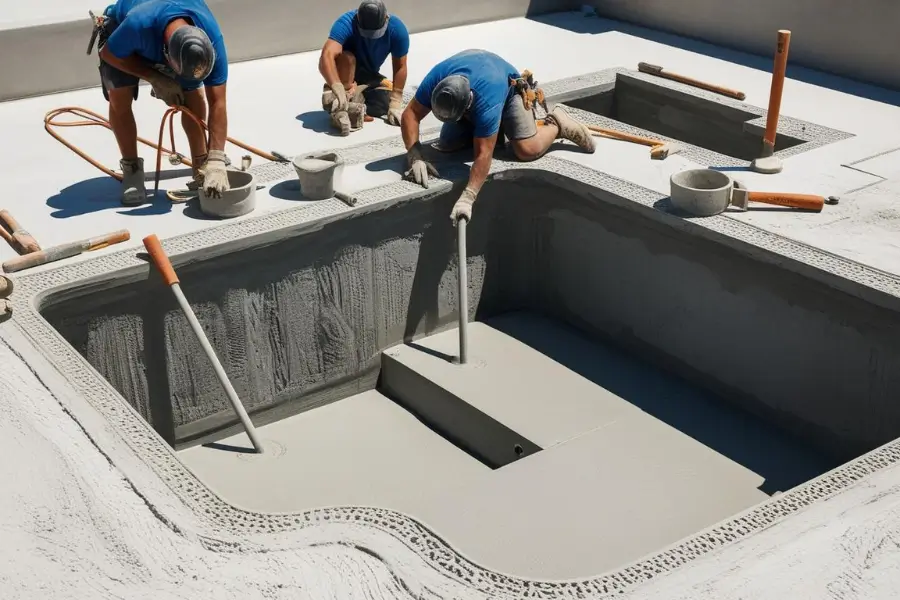 A team of concrete pool builders forming the base and walls of a custom pool shell