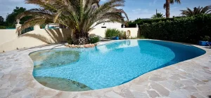 A beautiful DIY fiberglass pool surrounded by stone tiles, a lush palm tree, and a well-manicured garden.