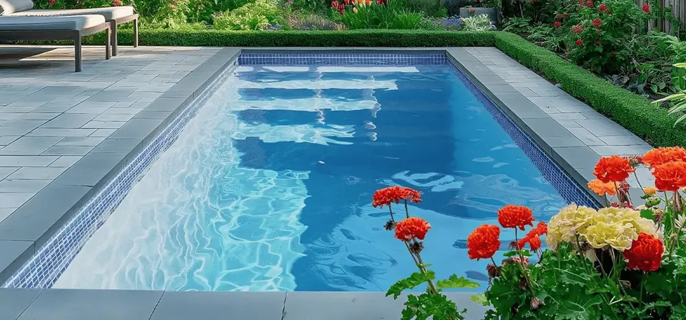 A fiberglass plunge pools surrounded by modern grey tiling, vibrant red and yellow flowers, and lush green landscaping in a serene backyard setting.