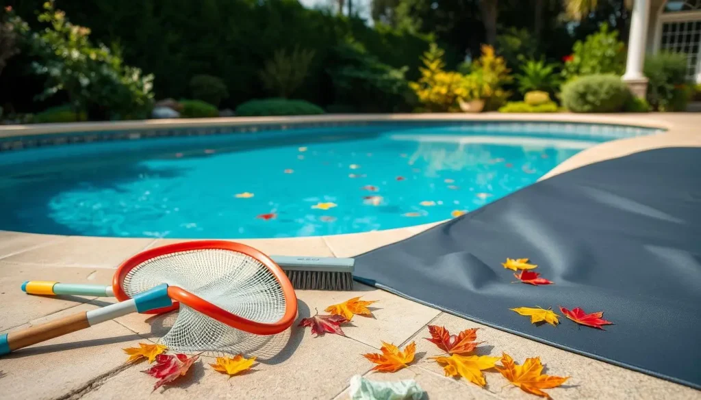 Essential swimming pool care tools, including a net skimmer and brush, placed near a pool with fallen leaves.