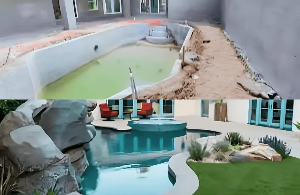 Before and after of a pool remodeling project showing a worn-out, unfinished pool transformed into a luxurious backyard oasis with modern landscaping and water features.