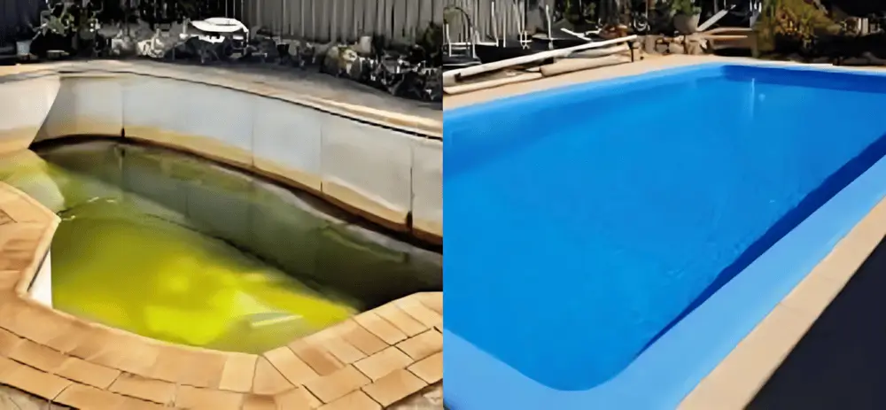 Before and after comparison of a pool remodeling project showcasing a yellow-green neglected pool transformed into a clean, bright blue fiberglass pool.