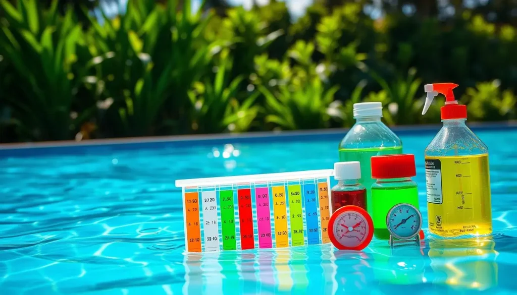 Swimming pool care essentials, including water testing kits and chemical bottles, placed near a clear blue pool.