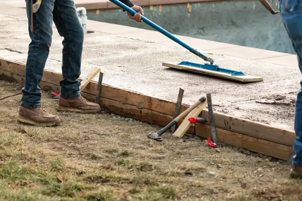 Construction workers preparing an above-ground pool base by smoothing a freshly poured concrete slab with tools.