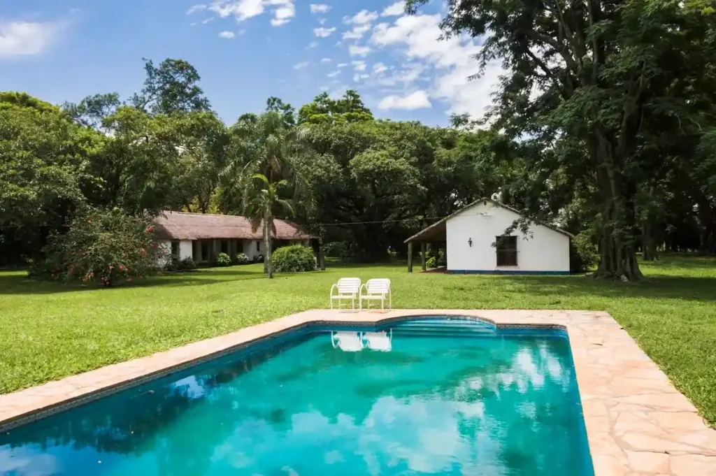 Rustic concrete pool ideas for a natural setting surrounded by greenery.