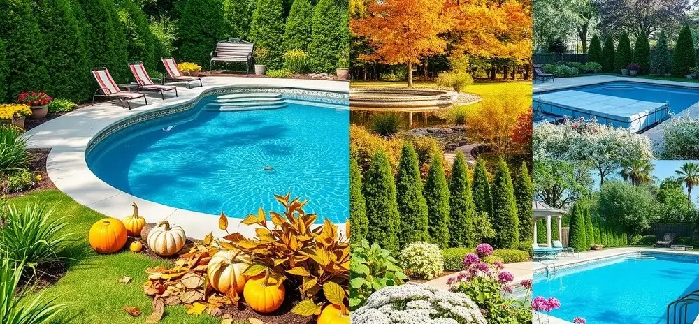 A collage showing different seasons of a pool, emphasizing the importance of seasonal swimming pool care.