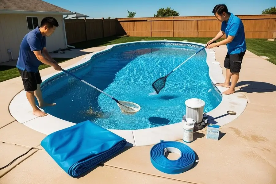 A person skimming debris from a sparkling above-ground swimming pool while another checks the water's chemical balance under a sunny sky.