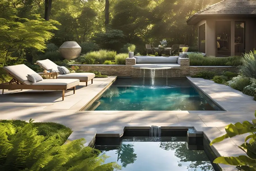 A small fiberglass pool with a stunning waterfall feature, complemented by comfortable lounge chairs and lush greenery.