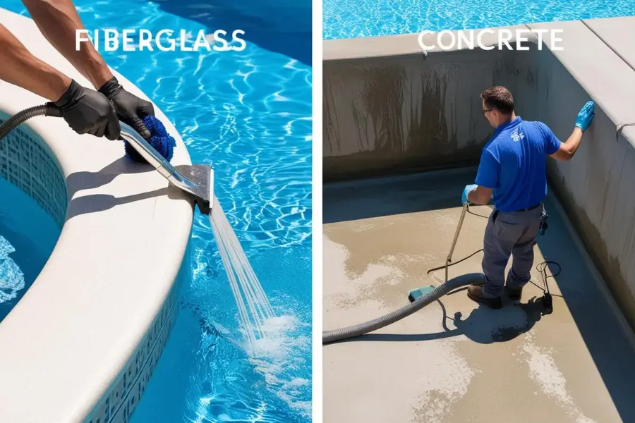 Cleaning comparison of fiberglass and concrete pools. Fiberglass is easier to clean, while concrete requires more effort.