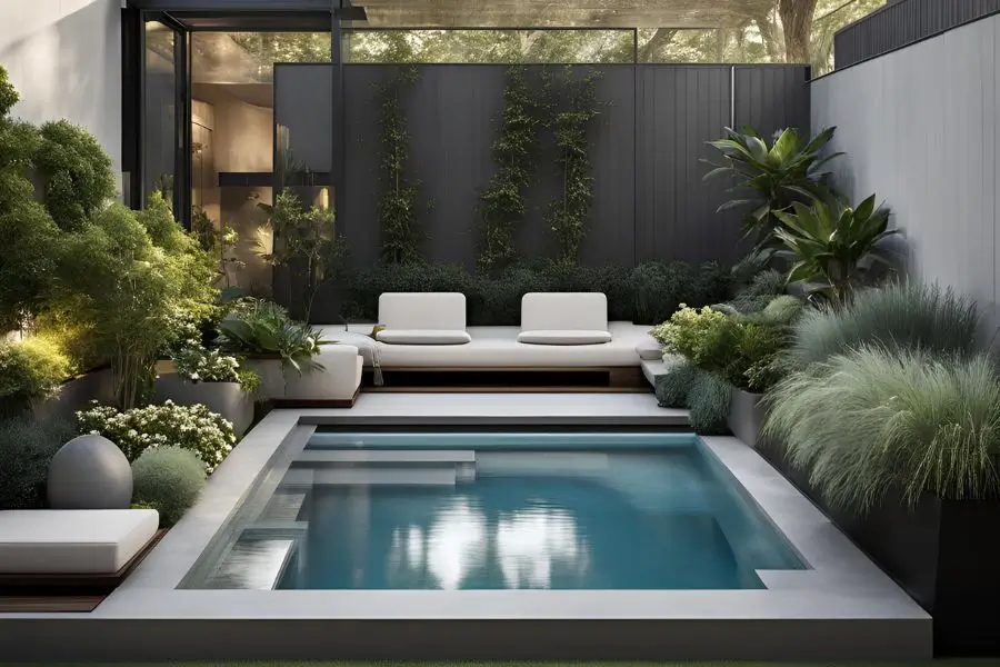 A sleek small fiberglass pools framed by lush plants and contemporary seating, creating a stylish and serene outdoor living space.