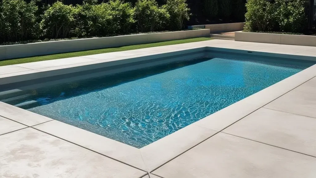 A modern precast concrete swimming pool with a smooth finish and elegant backyard setting.