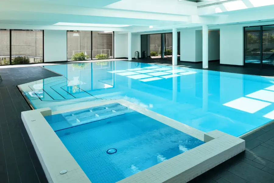 A free-form indoor swimming pool with an integrated spa, surrounded by sleek black flooring and large windows for natural light.