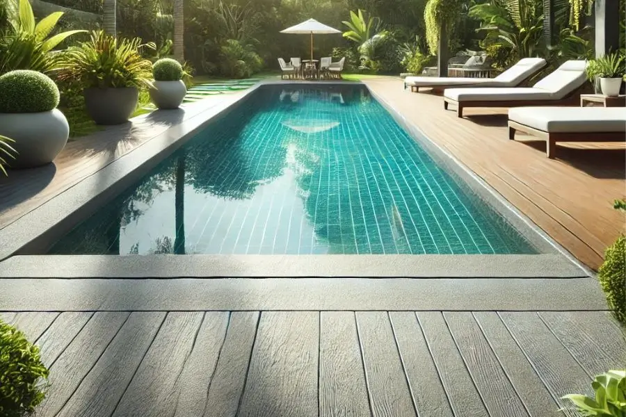 A luxurious pool area with a durable pool deck coating, featuring a sleek wood-like surface that enhances the modern design of the poolside.