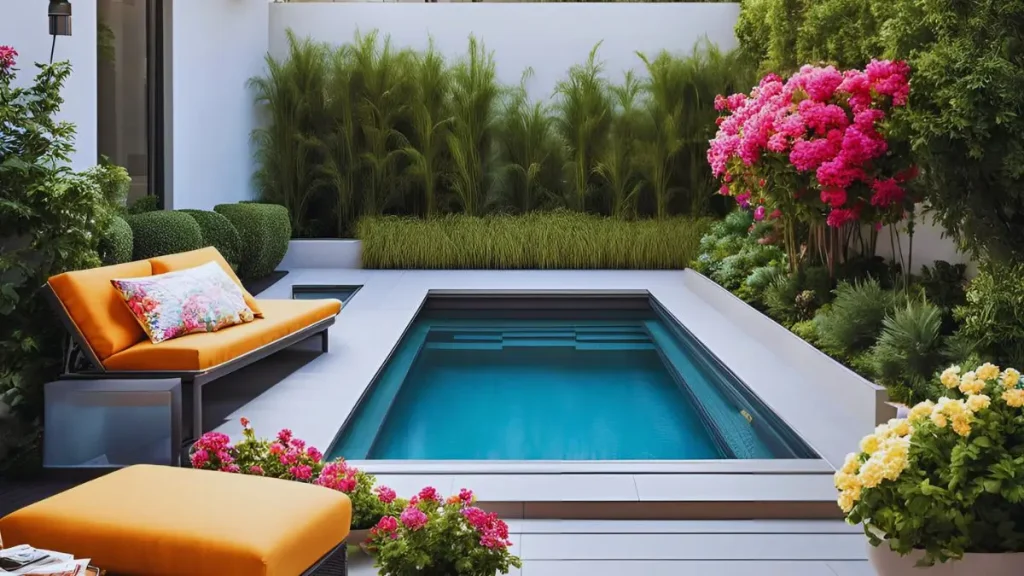 A modern small fiberglass pools surrounded by vibrant flowers and greenery, creating a serene outdoor oasis.