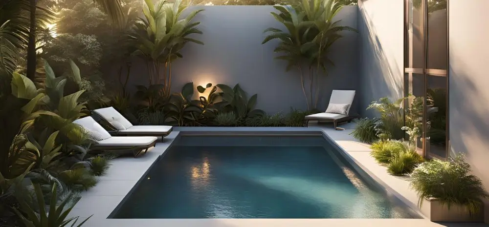 A serene and modern outdoor setting featuring a small fiberglass pools surrounded by lush greenery and stylish lounge chairs.