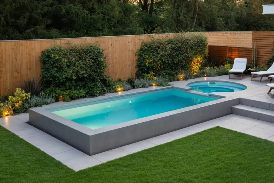 A raised precast concrete pools with an attached spa, surrounded by modern landscaping, warm lighting, and lounge chairs.