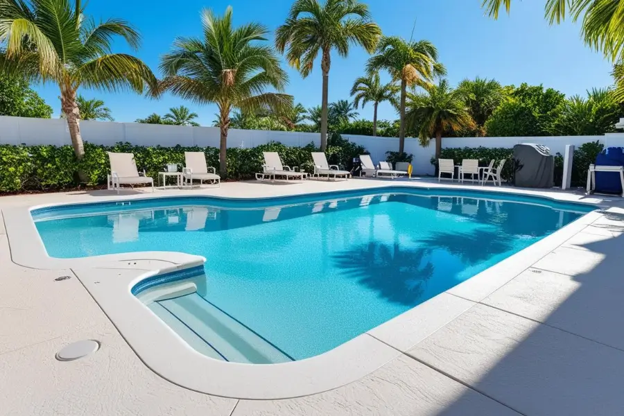 A beautifully maintained fiberglass inground pool with crystal-clear water, surrounded by palm trees and white lounge chairs.