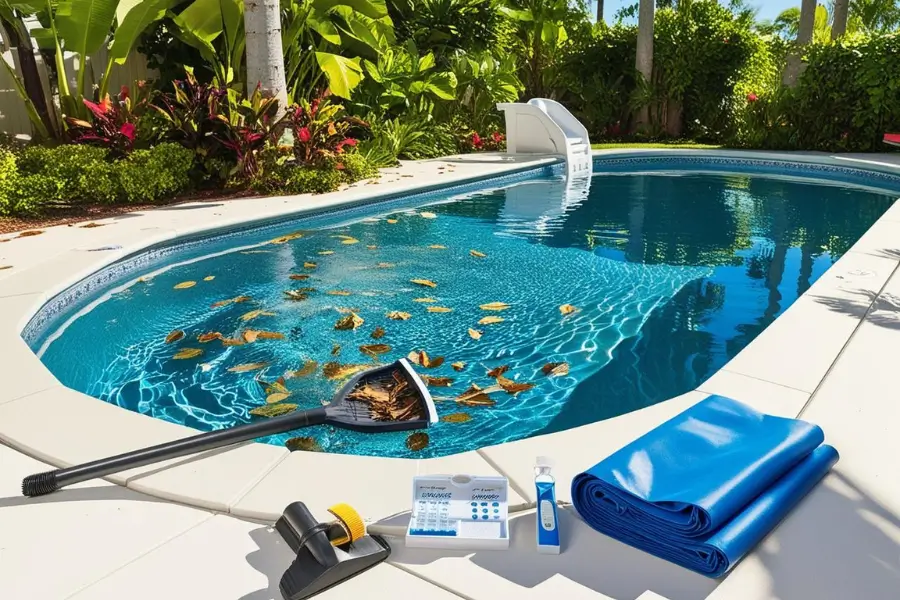 A fiberglass inground pool surrounded by lush greenery, partially covered with leaves, with pool cleaning tools and accessories in the foreground.