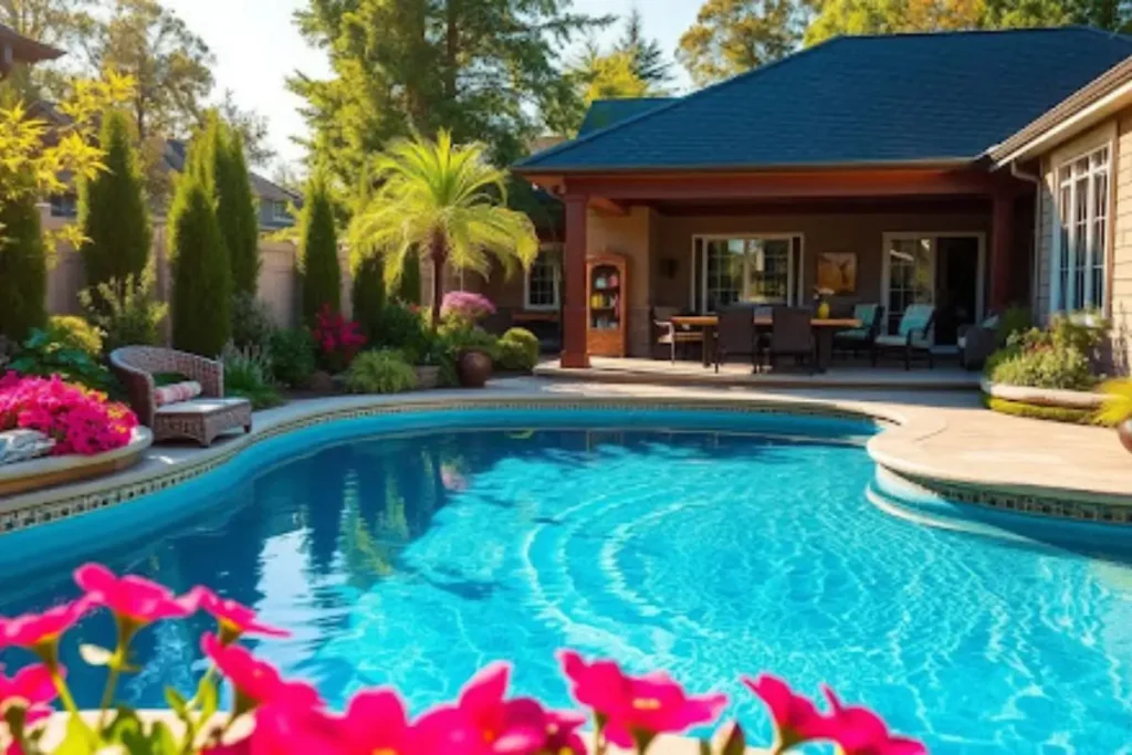 A stylish backyard featuring a curved fiberglass pool, illustrating how pool shape and patio design impact fiberglass pool cost.