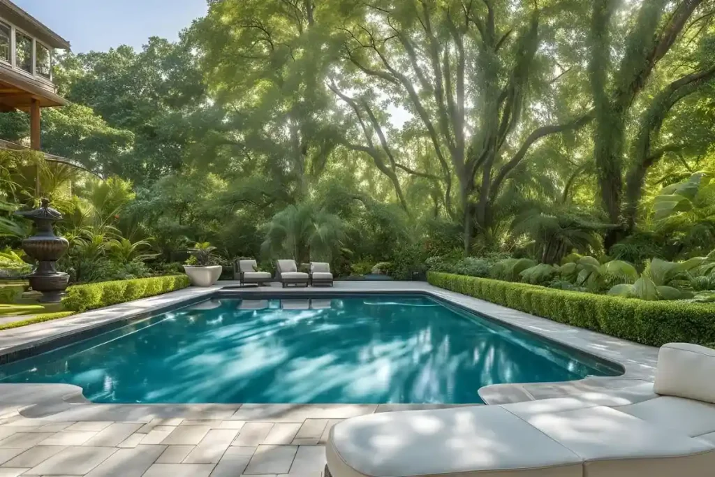 A beautifully designed fiberglass pool surrounded by lush greenery, showcasing how landscaping affects fiberglass pool cost.