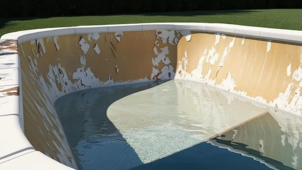 A damaged fiberglass pool with peeling and cracked surfaces, showing why fiberglass pools require resurfacing.