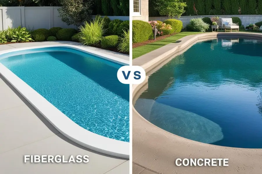 Comparison of a fiberglass pool and a concrete pool, highlighting differences in design, maintenance, and cost.