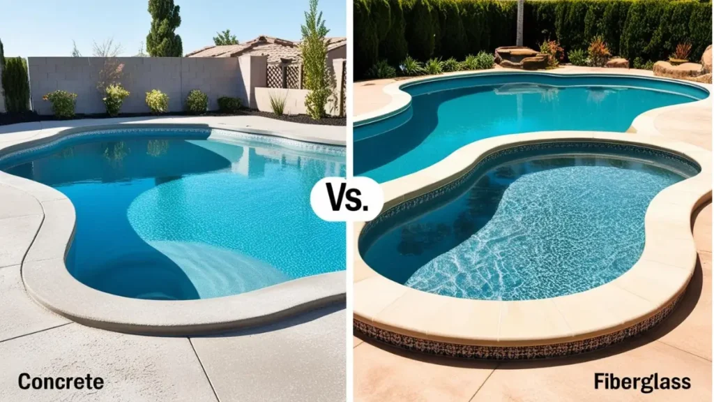 Side-by-side comparison of fiberglass and concrete pools, showing differences in design, durability, and maintenance.