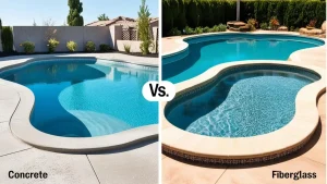 Side-by-side comparison of fiberglass and concrete pools, showing differences in design, durability, and maintenance.