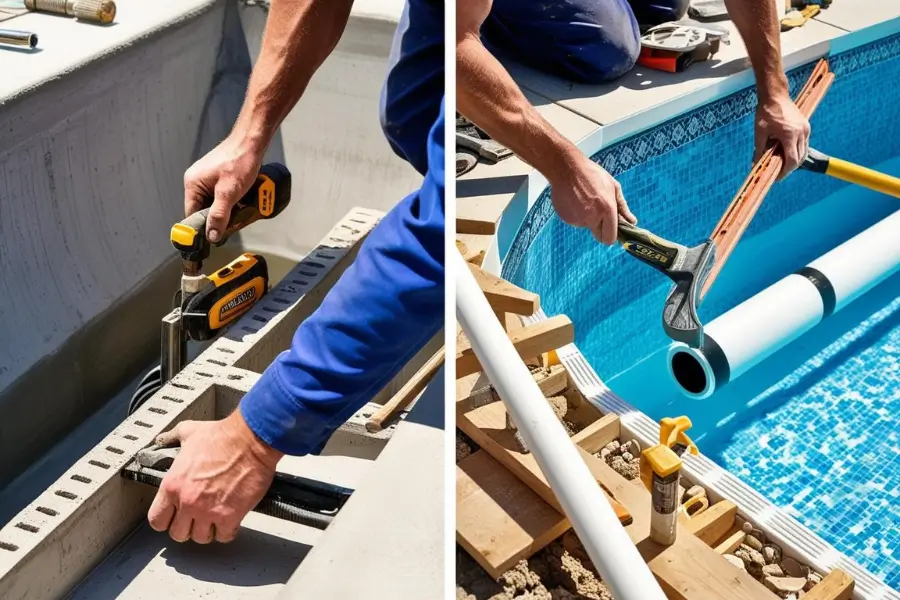 Side-by-side comparison of concrete and fiberglass pool installation, showing construction steps.