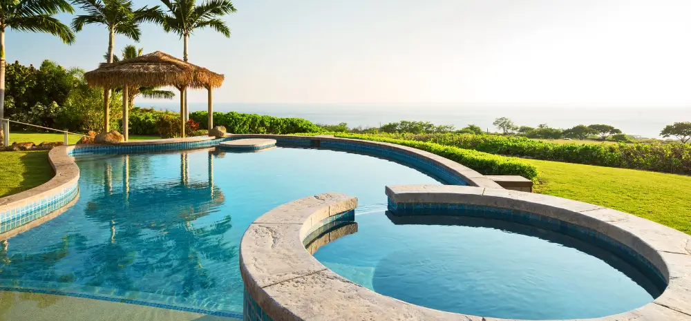 A beautiful infinity swimming pool in Florida featuring a built-in spa, tropical landscaping, and a thatched-roof cabana overlooking the ocean.